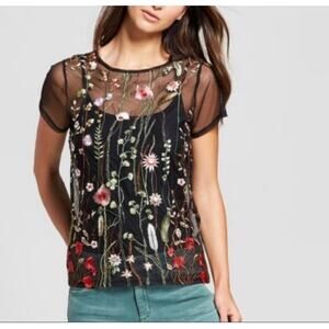 Alison Andrews Black Sheer Mesh Floral Embroidered Top Cottagecore Boho Large